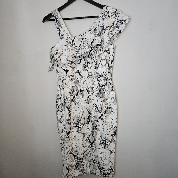Rachel Roy Midi Dress Elegant Black White Snake Print Cocktail Neutral Ruffle - Picture 12 of 15